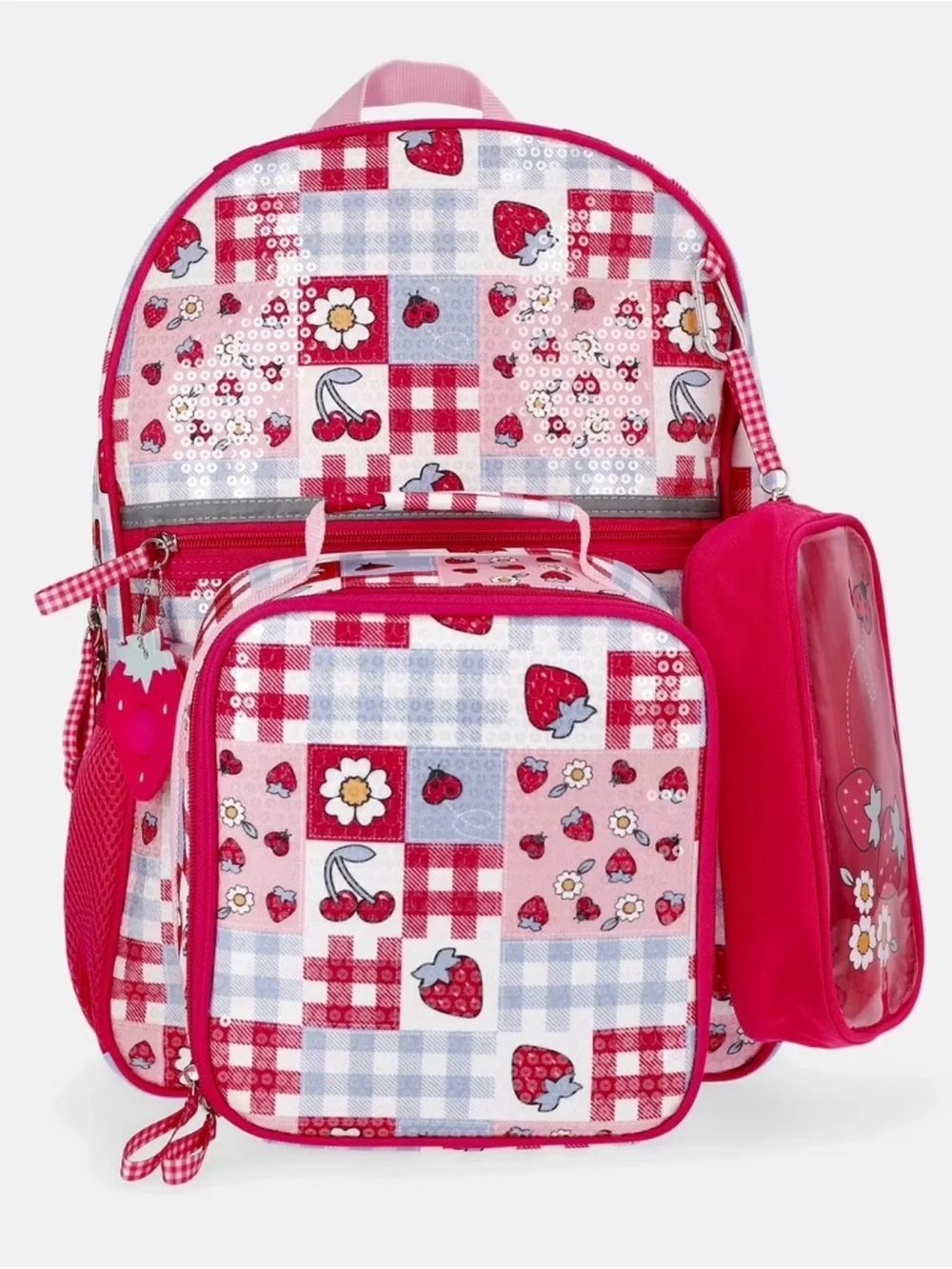 Wonder Nation 17 Inch Backpack 4 Piece Set Pink Strawberry Gingham Berry Patch